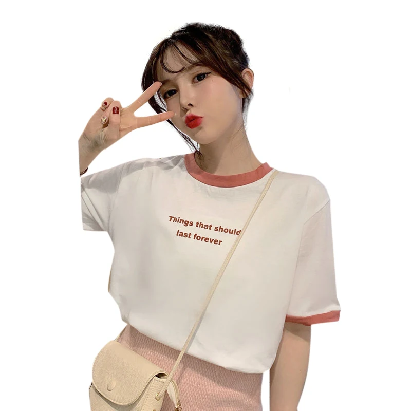 

Summer New Short Sleeve Women T-shirt Simple Letter Print Harajuku Tops Cotton Splicing O Neck Tees Female Bottoming Shirt