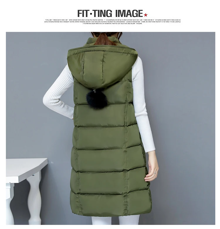 Winter vest women long vest Casual Slim thick warm Autumn hooded sleeveless waistcoat long zipper winter vest female M-3XL