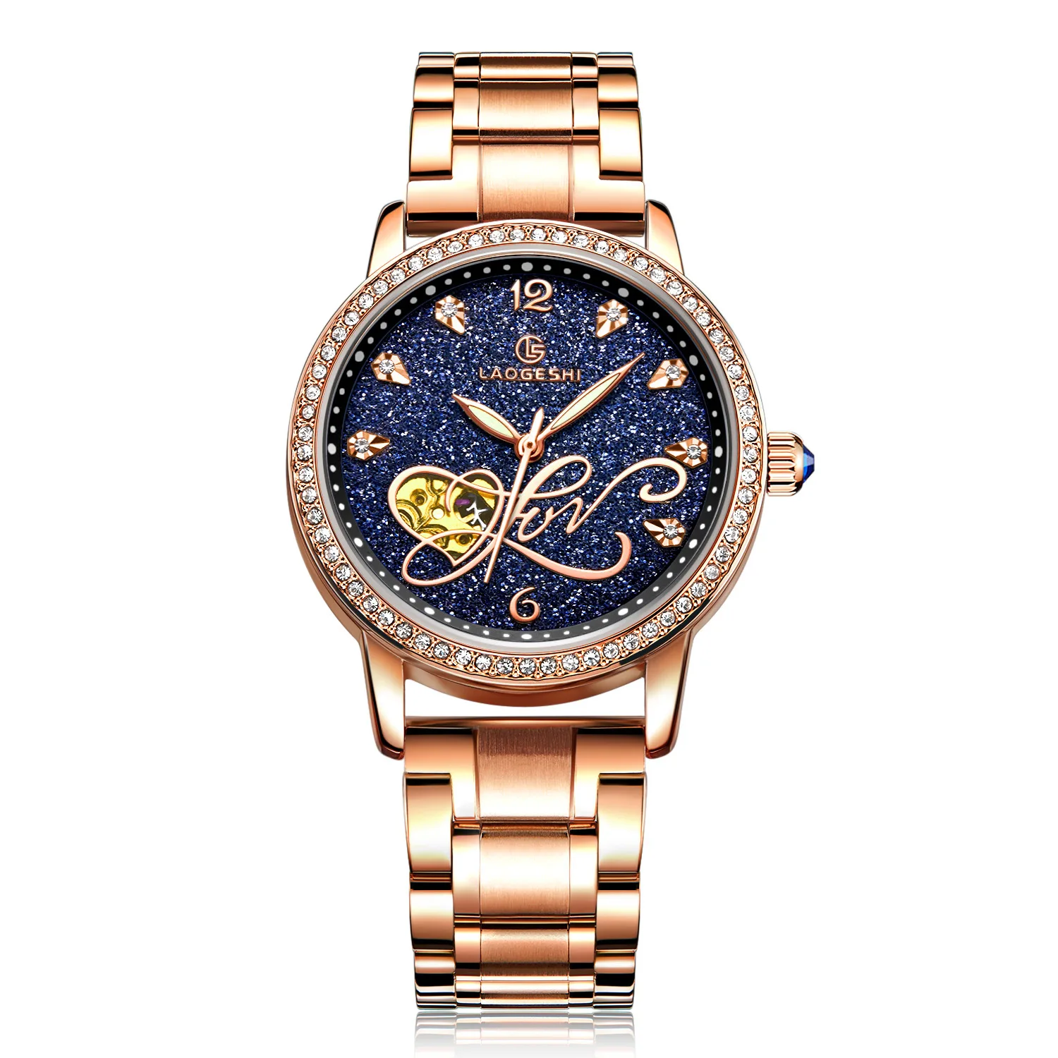Rose Gold-Black LAOGESHI Топ бренд механические часы Роскошные полностью из нержавеющей стали автоматические женские наручные часы модные водостойкие женские часы - Цвет: Rose Gold-Black