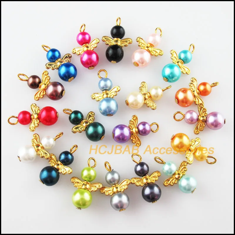 

20Pcs Gold Color Angel Mixed Ball Glass Pearl Beads Charms Pendants 14x21mm