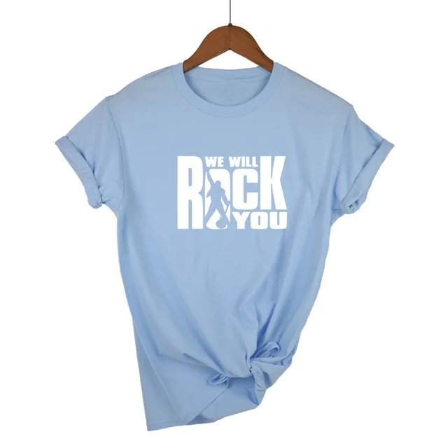 Light Blue-W We Will Rock You Женская Футболка Летний стиль королева рок группа футболка короткий рукав хлопок рок-ролл женские топы - Цвет: Light Blue-W