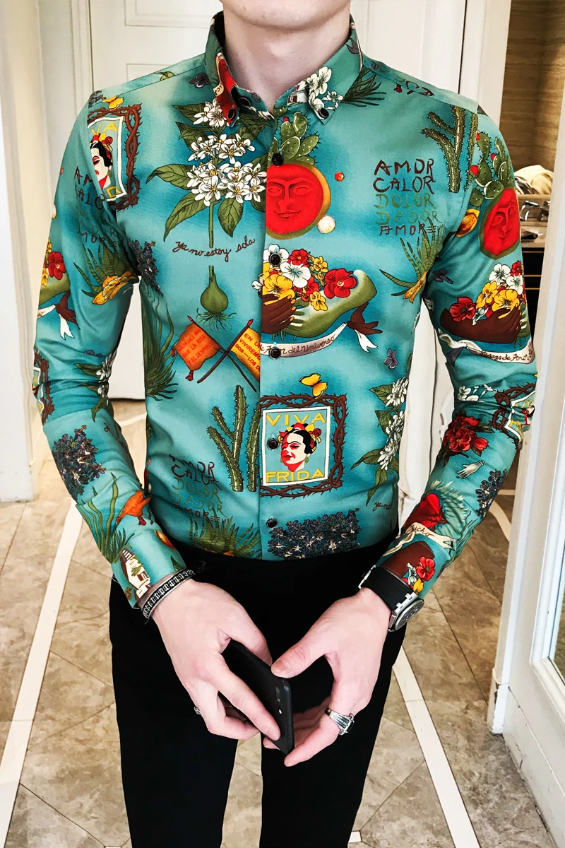 

2019 Spring New Men's Floral Print Shirt Men's Slim Long-sleeved Shirt Men's Fashion Social High-quality Brand Shirt Shirt M-3XL