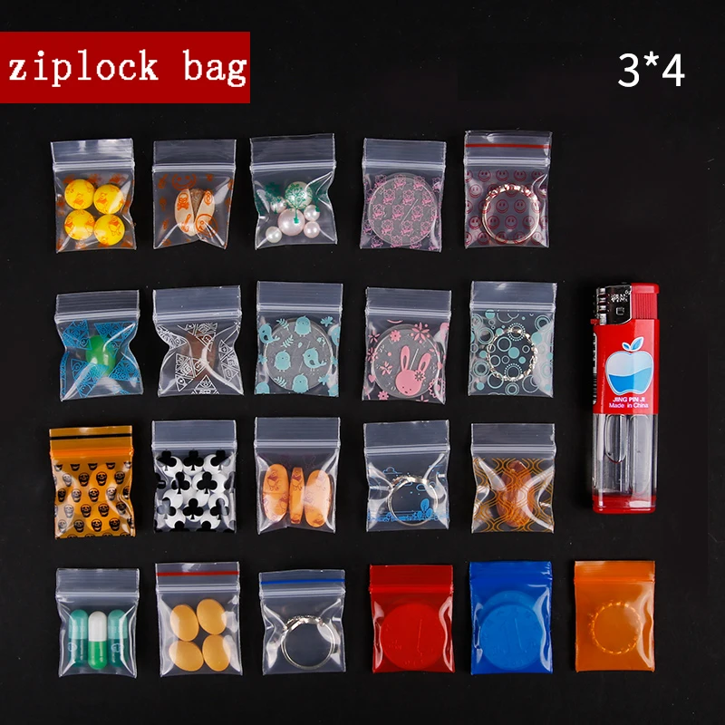Thick 0.24mm 3X4cm Mini Cute Cheaper Plastic Zipper Print Bags Ziplock Plastic Packaging Pouches Jewelry Candy Pill Pack