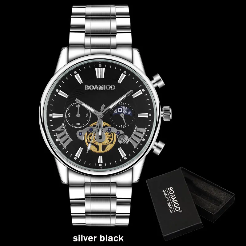 F933Asilverblack box BOAMIGO, мужские часы, Лидирующий бренд, Роскошные, водонепроницаемые, под платье, кварцевые, деловые, мужские часы, часы, повседневные, механические, турбийон, спортивные часы - Цвет: F933Asilverblack box