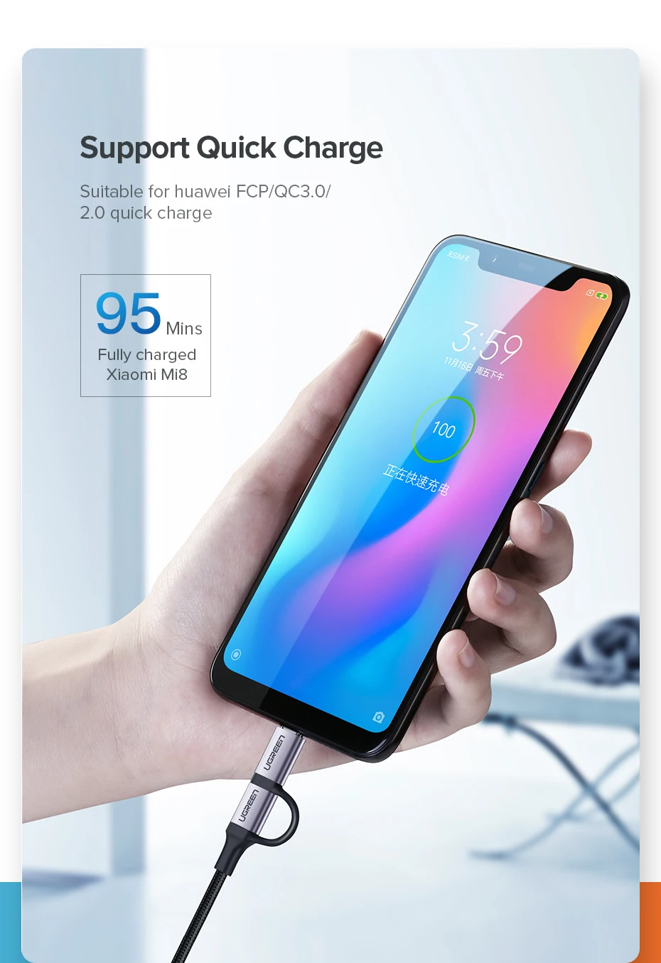 Ugreen usb type-C кабель для samsung Galaxy S10 S9 2 в 1 быстрый Micro USB кабель для зарядки и передачи данных мобильный телефон USB зарядное устройство Шнур