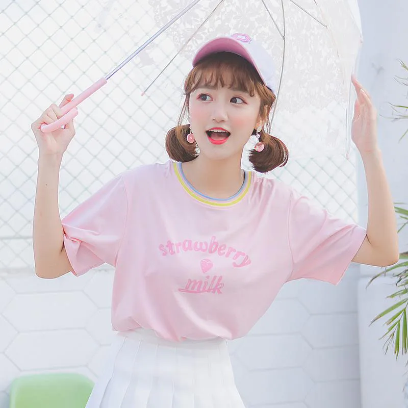 

Harajuku Kawaii Strawberry Milk Print Women T Shirt Summer Patchwork Crop Top Short Sleeve Tshirt Japanese Sweet Schoolgirl Tops