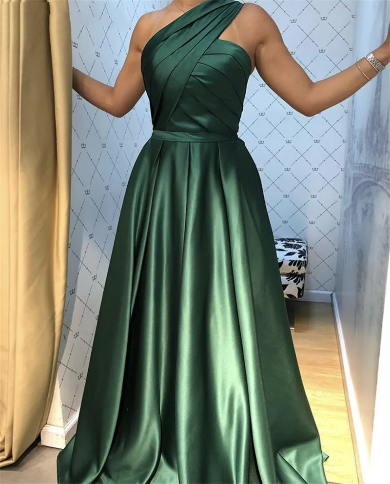 

Fashion Prom Dresses robe de soiree Green One Shoulder A-Line Sweep Train Satin Prom Dresses vestidos de fiesta de noche