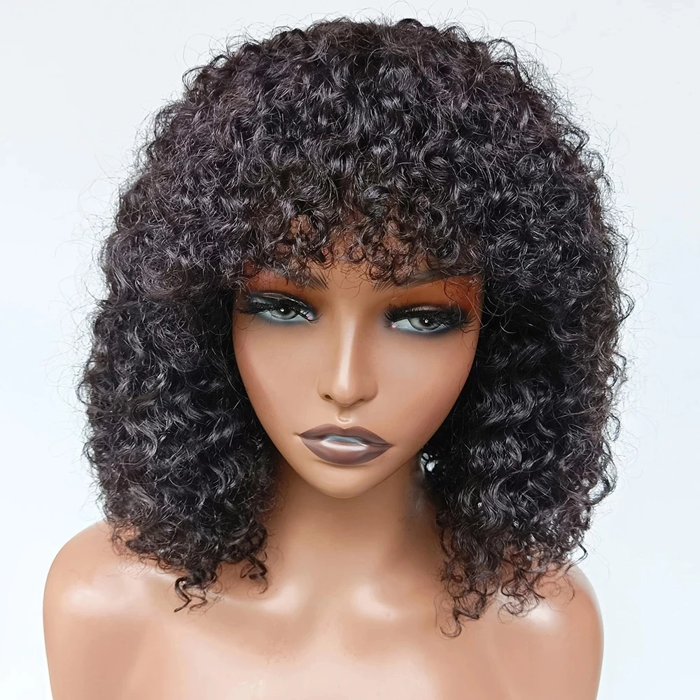 

Bangs Kinky Curly Fringe Human Hair Lace Front Wig For Women 360 Frontal Natural Black Glueless Preplucked T Part 200%Density