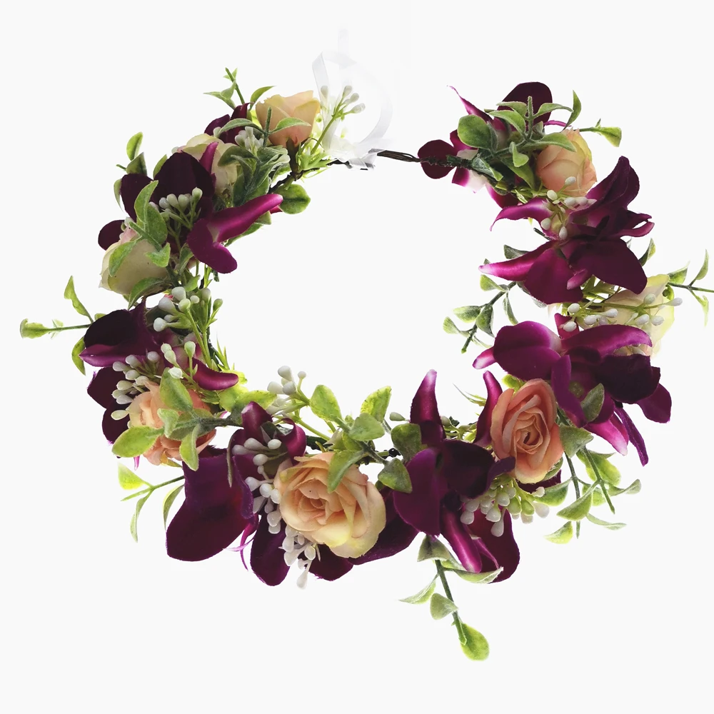Buy 2021 Nieuwe Orchidee Bloemen Kroon Vrouwen Haar Accessoires Bruiloft Hoofddeksels Bloem Krans Hoofdband Hoed Decoratie Bloemen Slingers