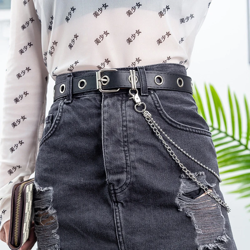 

Fashion Women Punk Belt Pin Buckle Jeans With Eyelet Chain Decor Waistband For Women Men Decoration Accessories