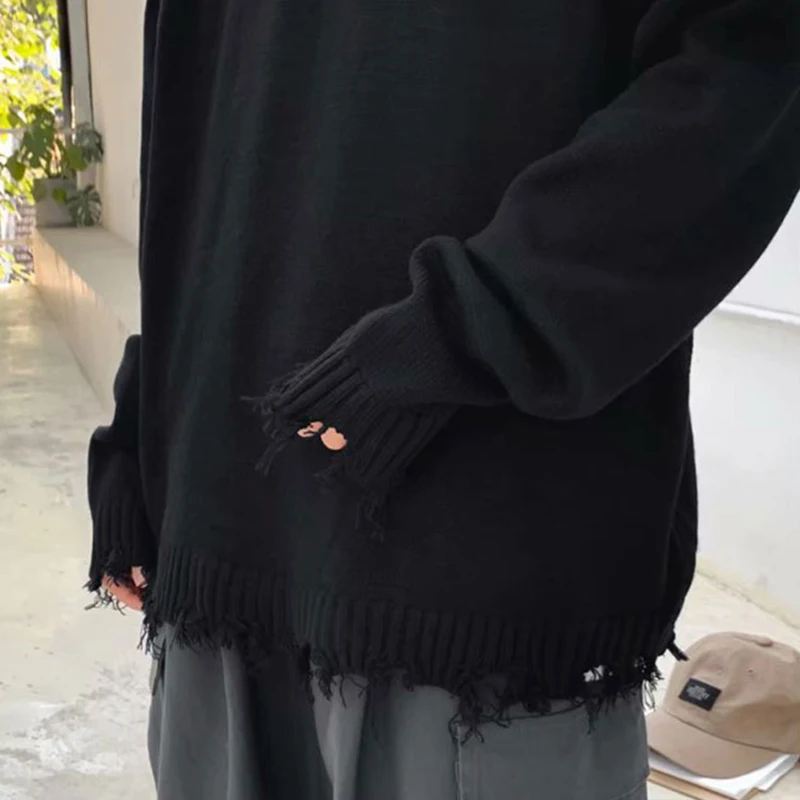 

Men Pullovers Turtleneck Sweaters Irregular Ripped Fur-line Fashionable Sweater Harajuku Retro BF Couples Cozy Knitted Tops Chic