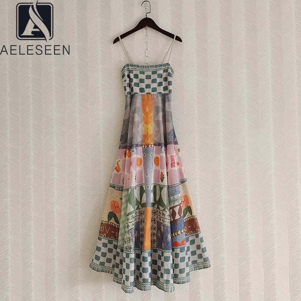 

AELESEEN Fashion Designer Dress 2022 Spring Summer Women's Spaghetti Strap Flower Plaid Print Long Vacation Camisole
