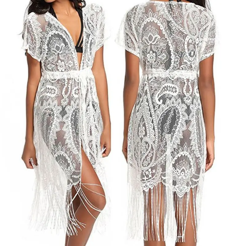 Womens Short Sleeves V-Neck Kimono Cardigan Hollow Crochet Floral Lace Drawstring Bikini Cover Up Long Tassels Midi Beach Dress | Женская