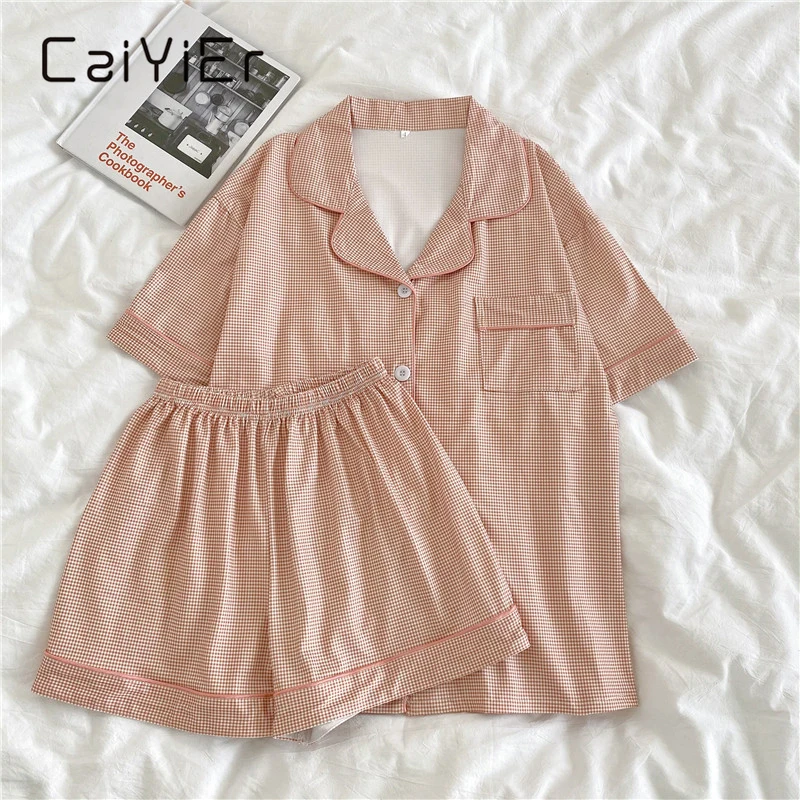 CAIYIER Women's Pajamas Suit Summer Shorts Korean Checked Print Short Sleeve Kawaii Sleepwear 2Piece Set Plaid Leisure Nightgown