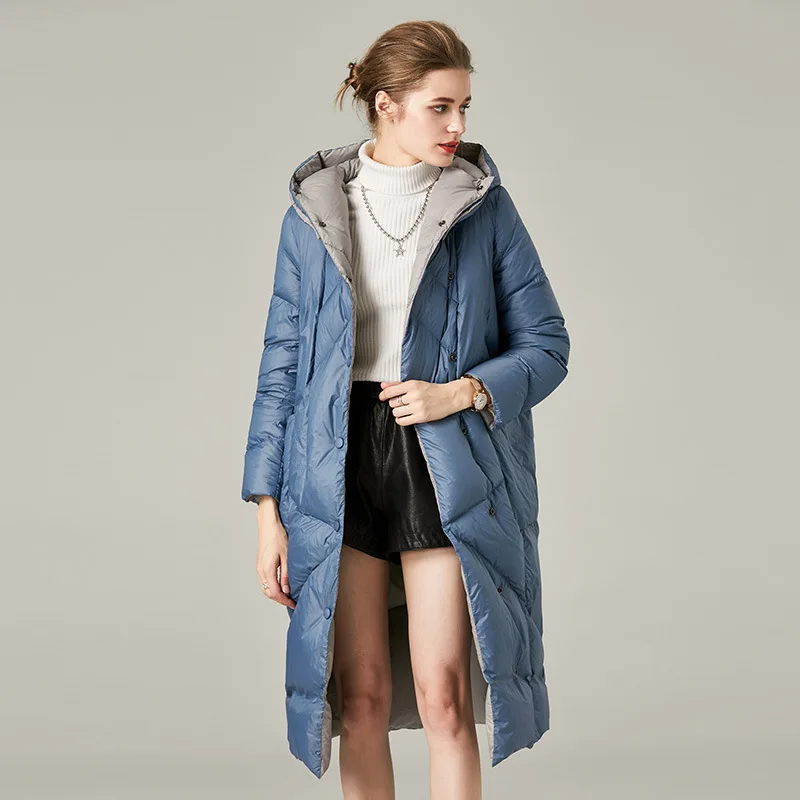 Warm And Light Fashion Winter Hot Sale Long Style Down Coats Black/Blue Hooded Loose Women Clothing With Pockets Femme Veste