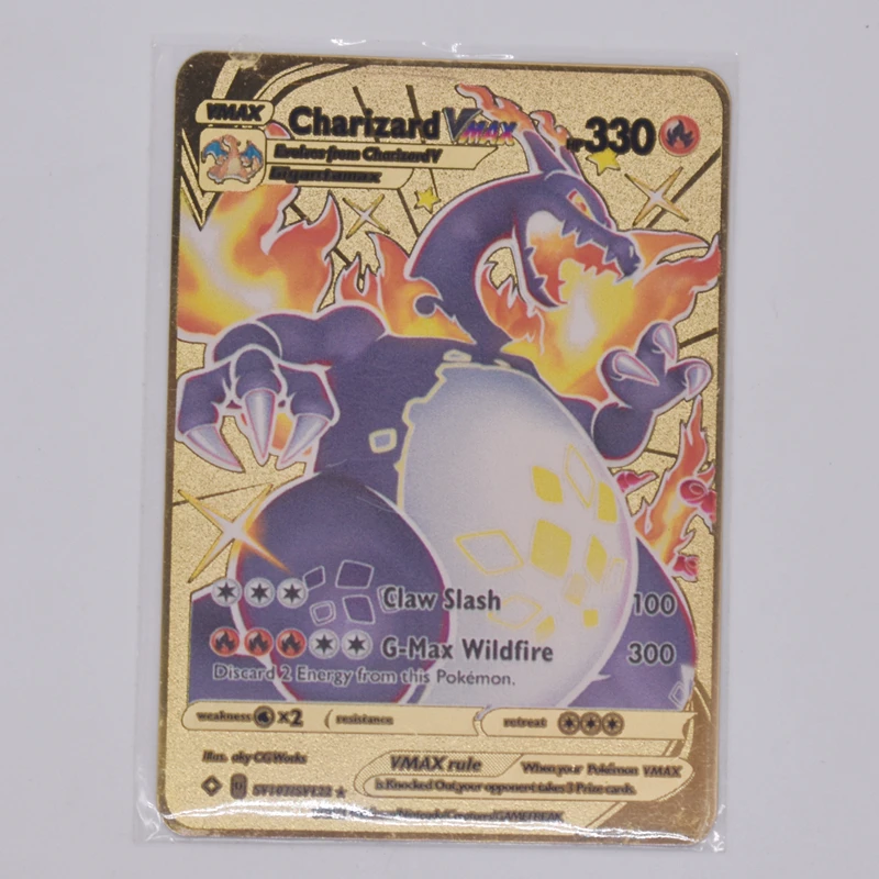 

2021 New Pokemon Gold Metal English HP Card Fire-breathing Dragon Rare Card Collection Card Battle Card Children's Toys
