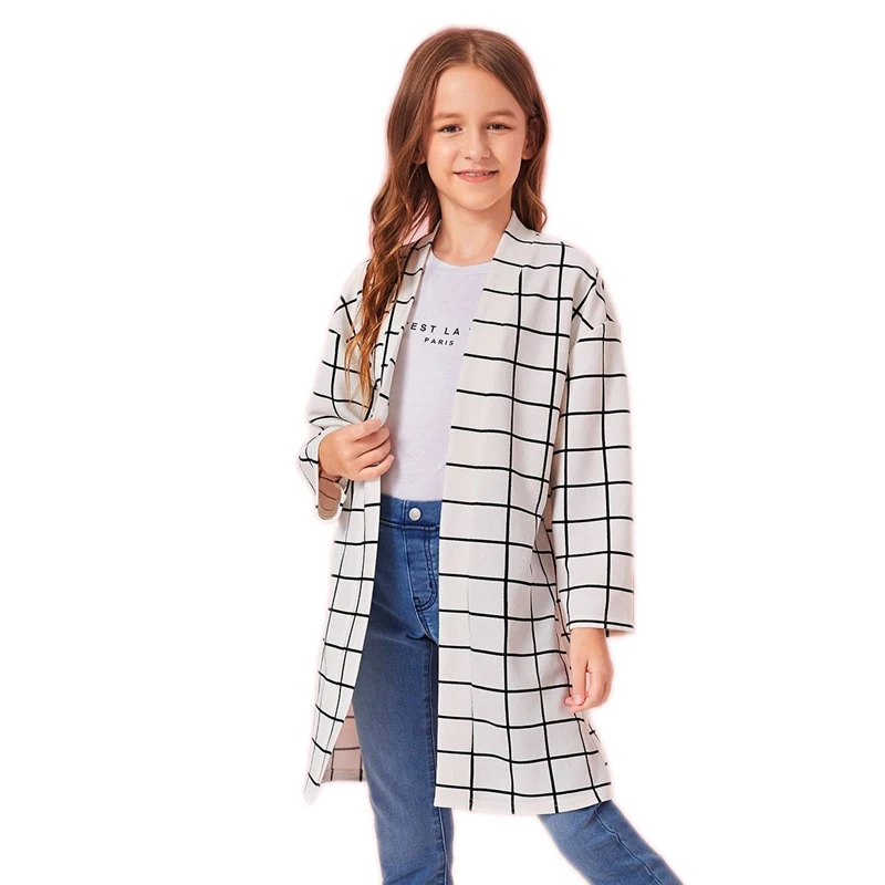 SHEIN Kiddie White Plaid Print Girls Open Front Long Coat Kids Clothes Autumn Long Sleeve Casual Coats For Children