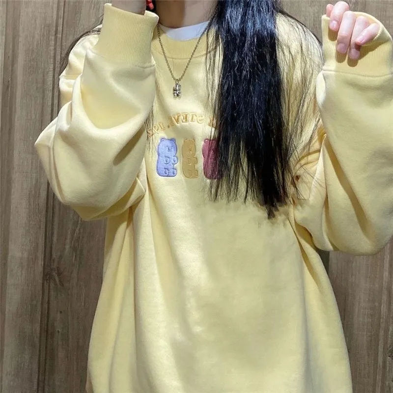 Harajuku Cotton Crew Neck Women Sweatshirt Hoodies Kawaii Clothes Korean Style Autumn Winter Long Sleeve Sweetshirts Oversized