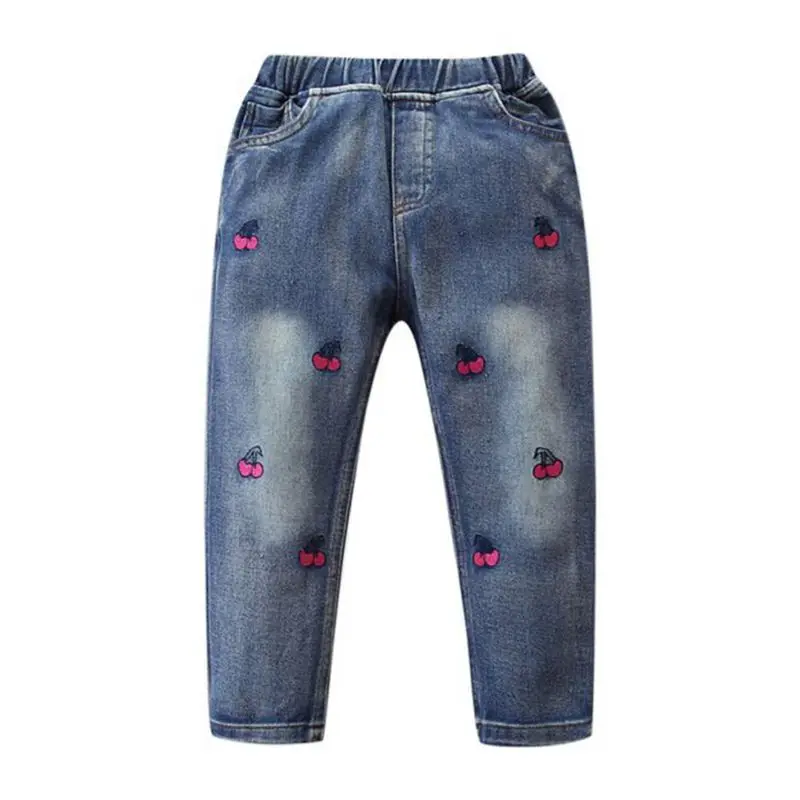 

Hot Girls Spring Autumn Cherry Printed Denim Pants Kids Jeans Kids Trousers for Children Jeans 1-6 Years
