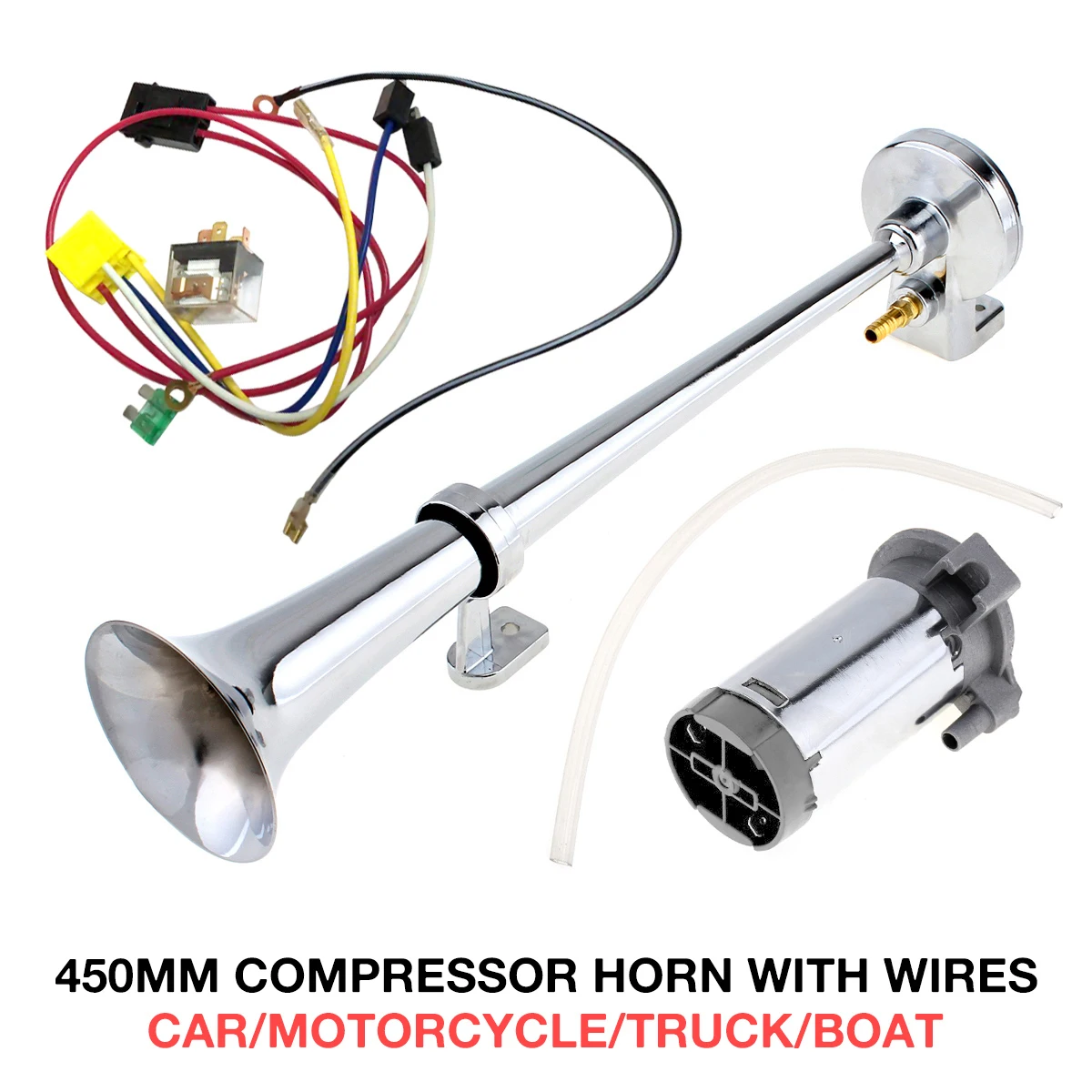 17 Inch 12V/24V 150dB Super Loud Air Horn Compressor Kits Wires and   Relay + Compressor+ Air Horn Single Trumpet Horn for Truck