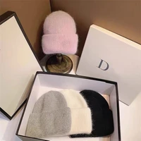 rabbit wool knitted cap for womens winter cute solid color with sequins beanies caps luxury warm fluffy bonnets hats for woman
