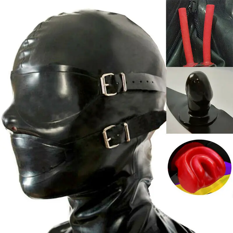 Latex Rubber Hood with Removable Eyes and Mouth Mask Open Eyes Mouth Back Zipper