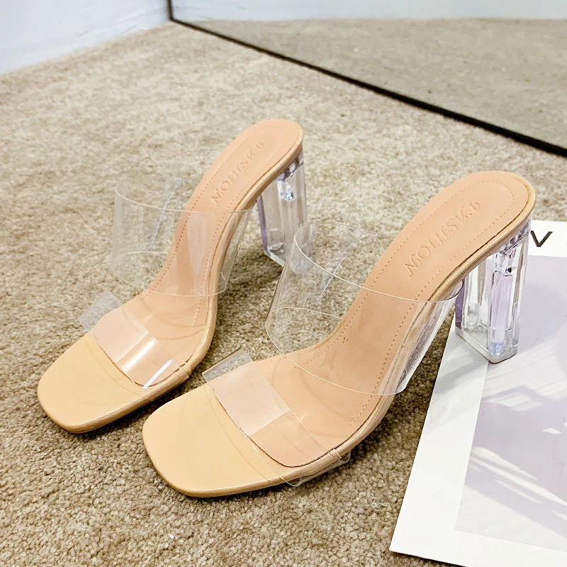 

Transparent Crystal Square Heel Open Toe Women's Slippers 2021 New Summer Dress Wedding Party Sexy High Heels Slippers Women PU