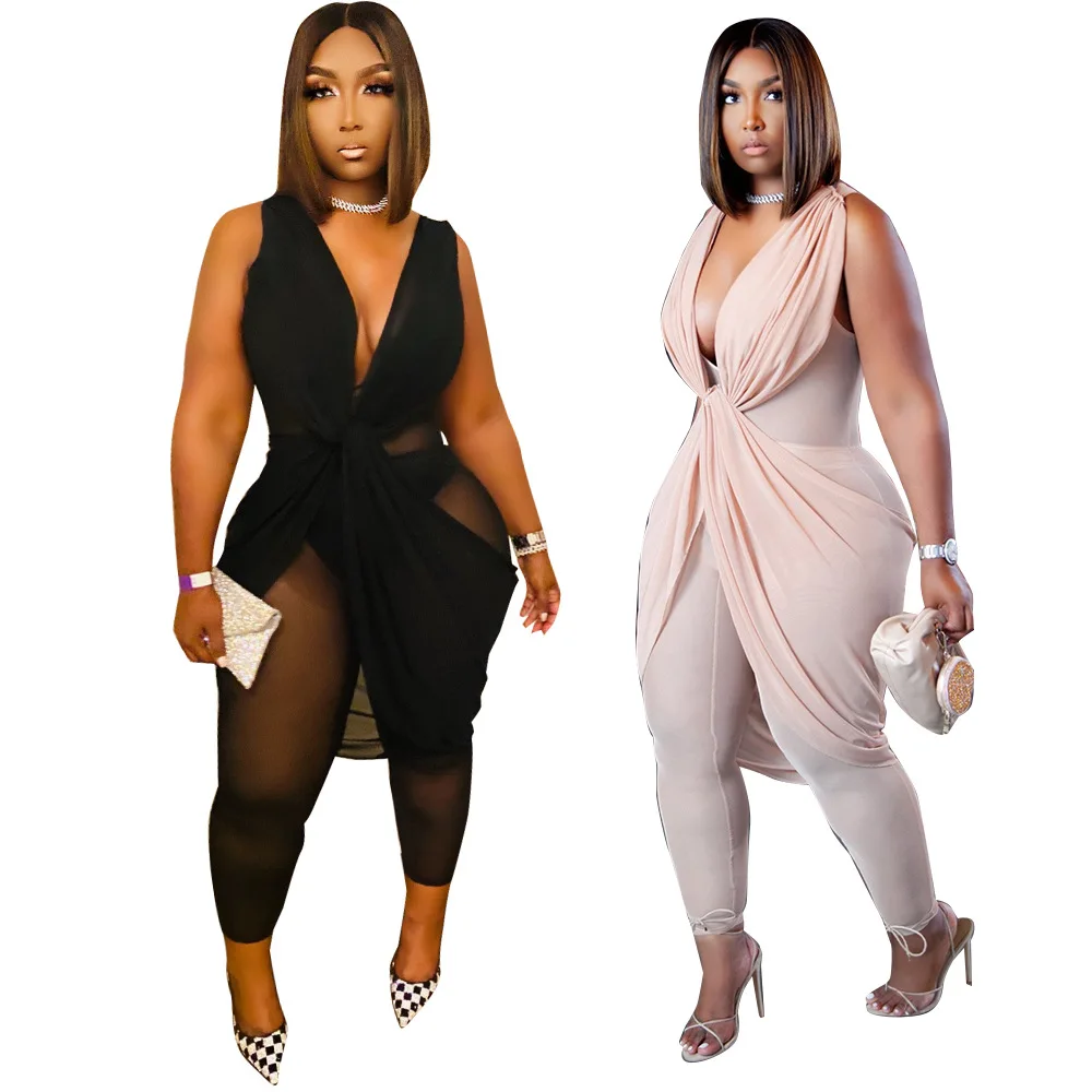 

Sexy Mesh Style Party Elegant Jumpsuit Deep V Neck Solid Color Sleeveless Fashion One Piece Outfit Women S-3XL Wholesale