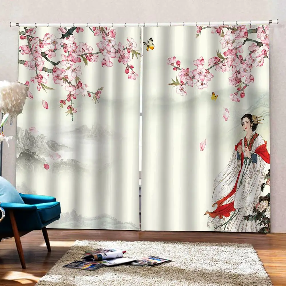 AAncient beauty landscape painting Curtains Plum blossom For Living room bedroom Blackout Window Drapes Sets 2 Panels With Hooks | Дом и сад