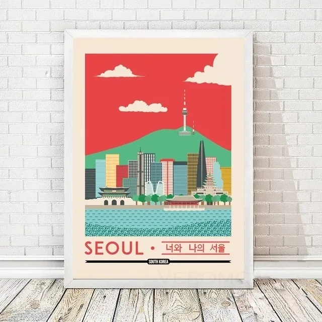Настенная картина с принтом Сеула Южная Корея путешествия мультяшная Модульная