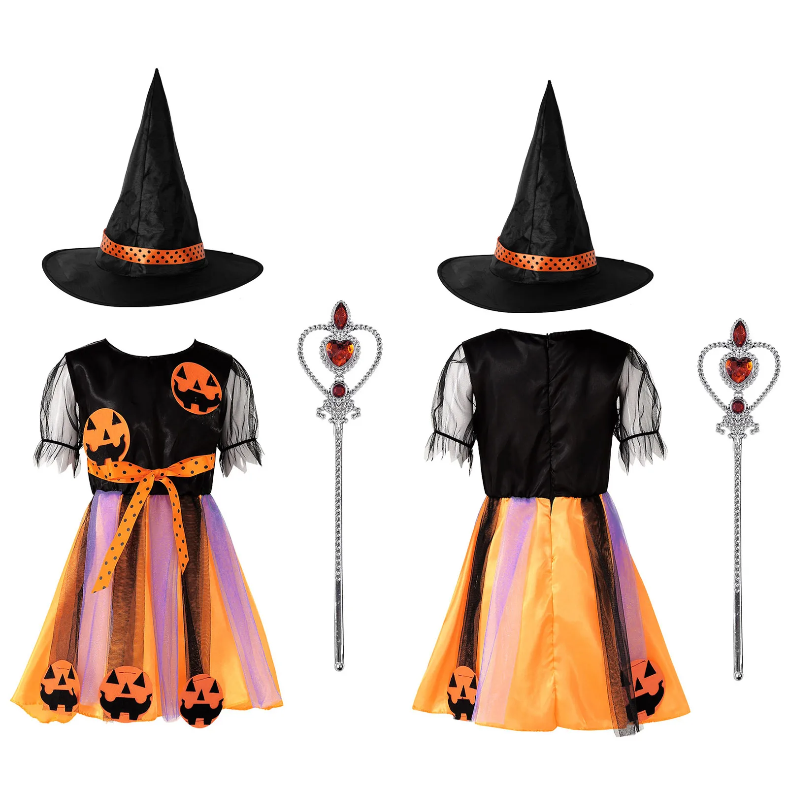 

Платье-пачка для девочек на Хэллоуин, с остроконечной шляпой, волшебная палочка, тыквенная аппликация, Детский костюм волшебника для Пурим, ...