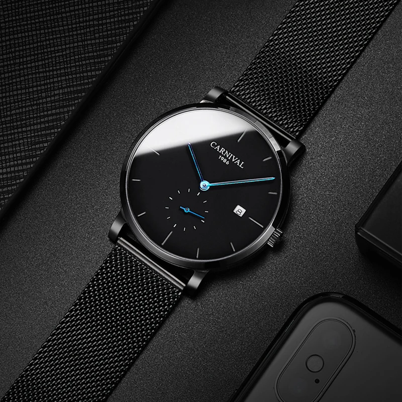 Карнавальные механические часы мужские черные автоматические из сетчатой стали