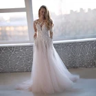 ТРАПЕЦИЕВИДНОЕ красивое кружевное платье с длинными рукавами и кристаллами розового цвета, свадебные платья 2021 с иллюзией на спине, с иллюзией телесного цвета