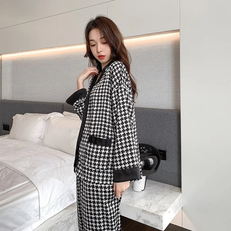 QWEEK шелковая пижама гусиная лапка для женщин осенняя Элегантная Женский комплект