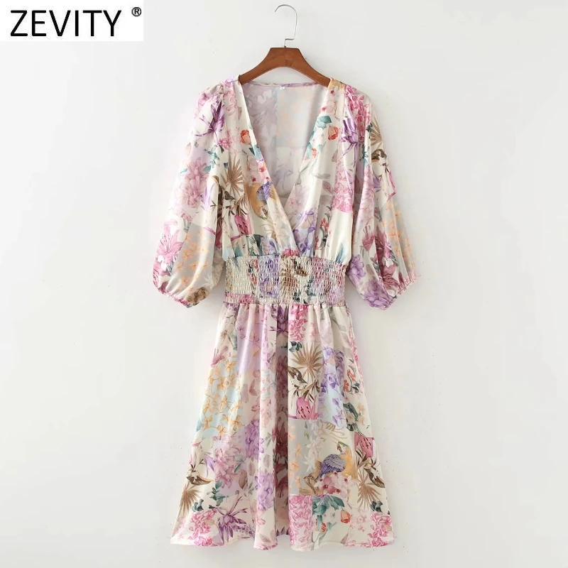 

Женское элегантное мини-платье ZEVITY с V-образным вырезом и цветочным принтом, эластичное с высокой талией, женское повседневное тонкое кимон...