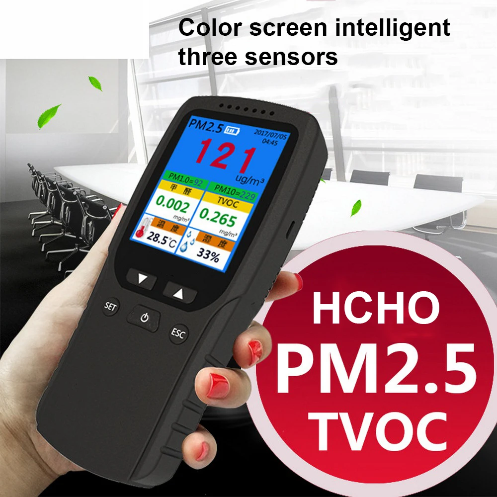 

Портативный тестер качества воздуха PM2.5/PM1.0/PM10/HCHO/TVOC/AQI/детектор температуры/влажности с цветным ЖК-дисплеем DM106A