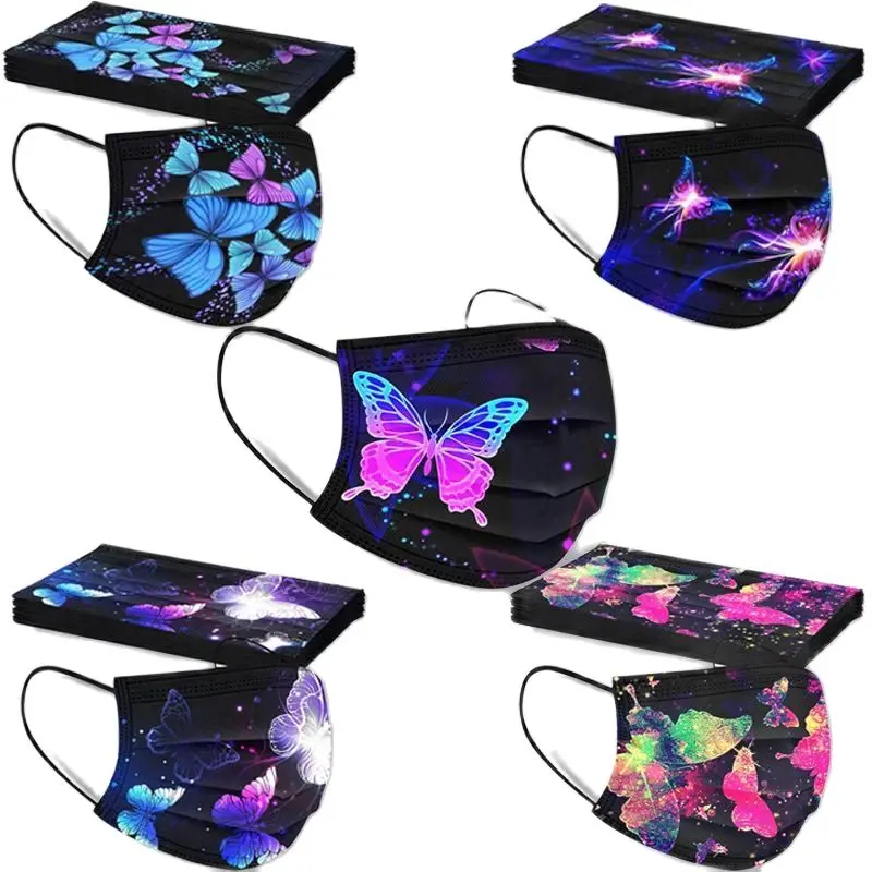 

New Disposable Printed Mask Adult 3-layer Non-woven Breathable and Dustproof Colored Butterflies Creative Black Face Mask 50pcs