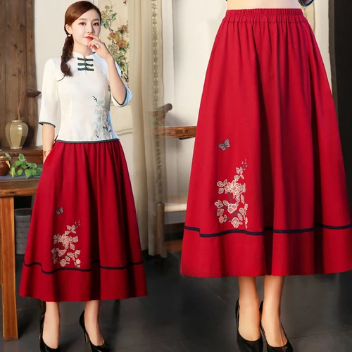 Модные свободные повседневные короткие юбки с карманами вышивка хлопок лен юбка