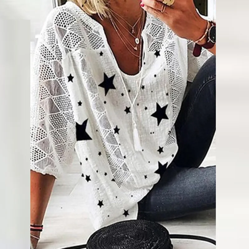 

Женская блузка из хлопка и льна, с U-образным вырезом и бахромой, Весенняя пляжная рубашка с принтом в виде звезд и бабочек, летний ажурный то...