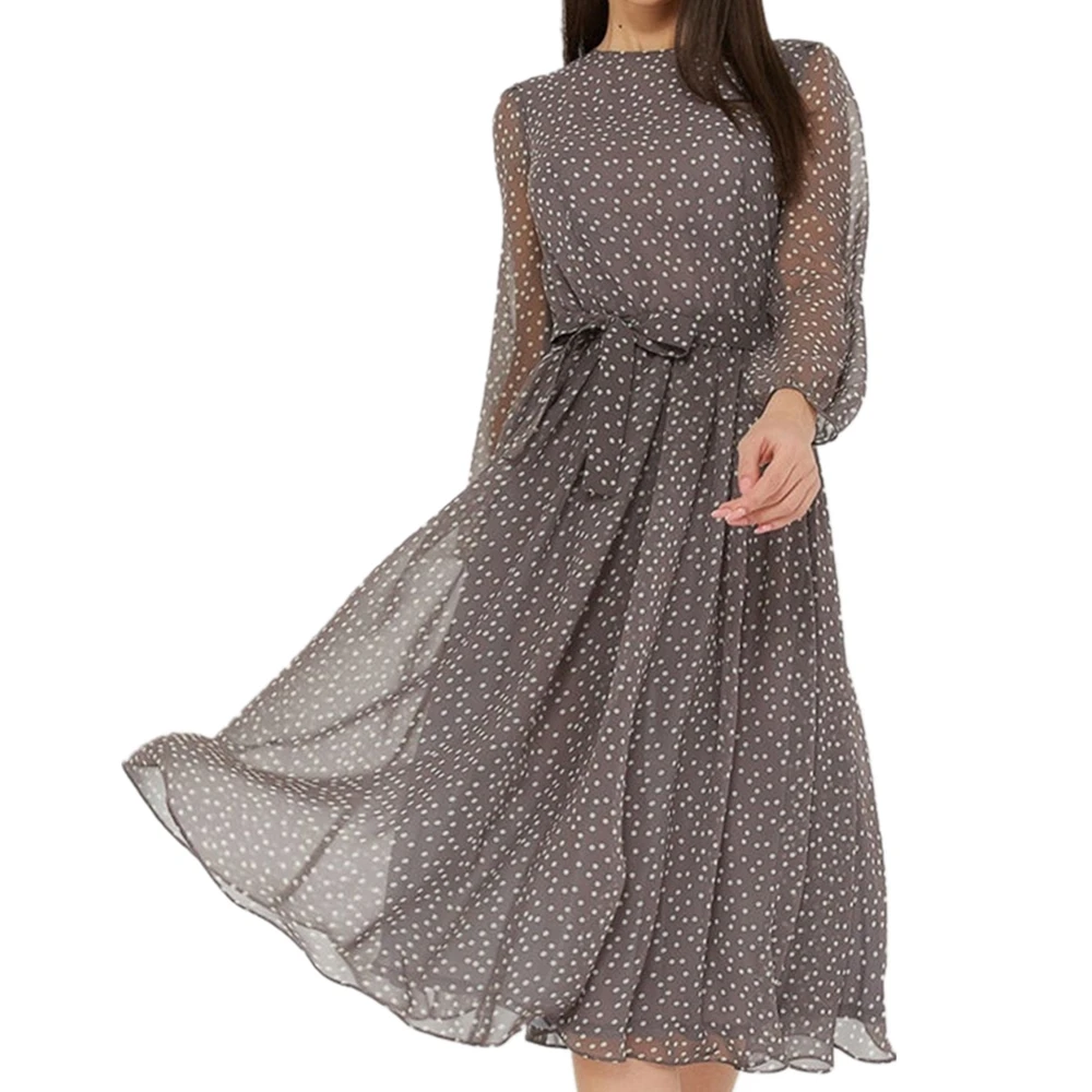 

2021 Women O Neck Chiffon A Line Dress Casual Winter Beach Long Dress Elegant Dot Print Long Sleeve Polka Dress