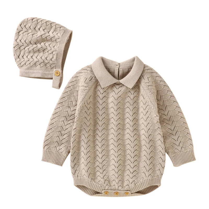 

Baby Bodysuits Long Sleeve Newborn Boys Jumpsuits+Caps 2pcs Outfits Set for Infant Girl Autumn Winter Knitted Clothes Knitwear