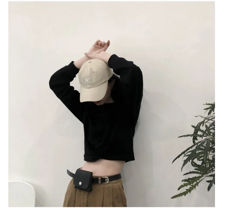 

Spring and autumn solid color short navel round neck T-shirt