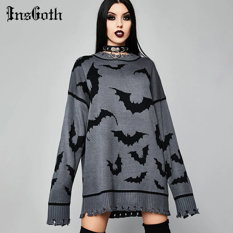 

InsGoth Goth Grunge Bat Print Hole Sweater Streetwear Y2K Knitted Long Sleeve Oversized Long Pullover Sweater Women Autumn Tops