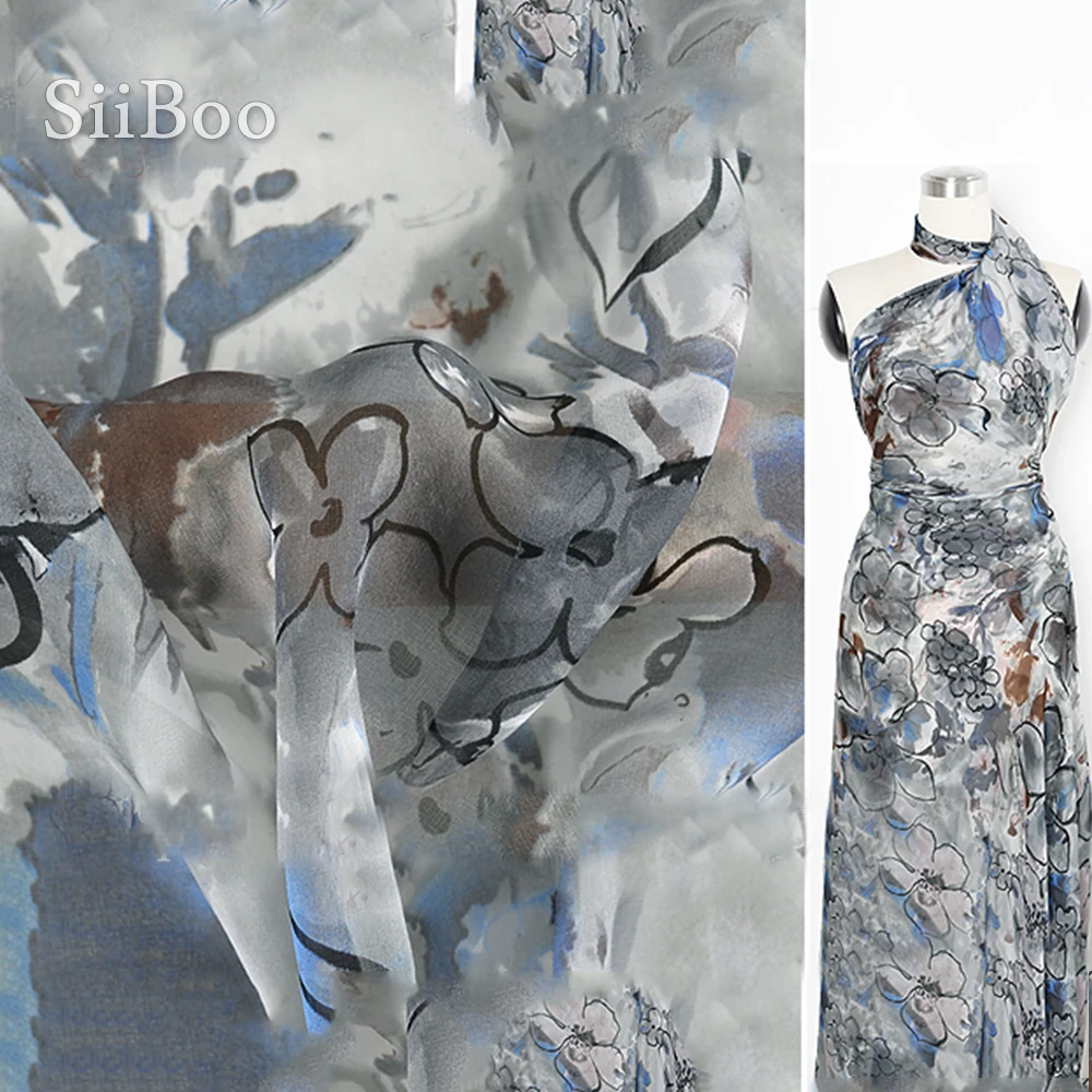 Роскошный цветочный принт 100% шелковая шифоновая ткань для платья чистый