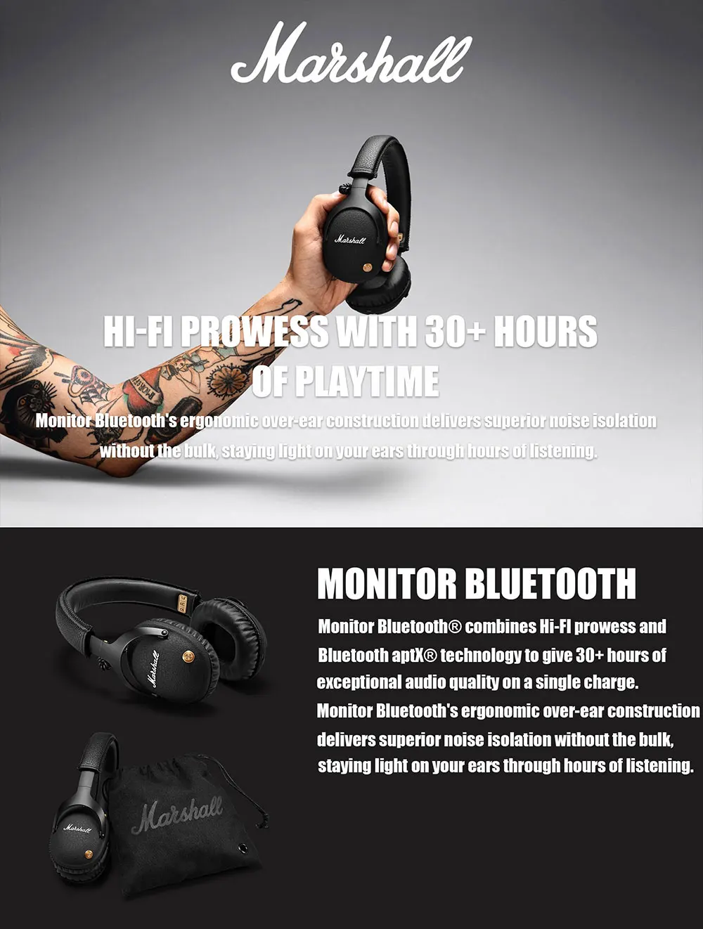 Беспроводные наушники MARSHALL Monitor с Bluetooth, наушники Rock Bass, оригинальные складные Накладные наушники черного цвета