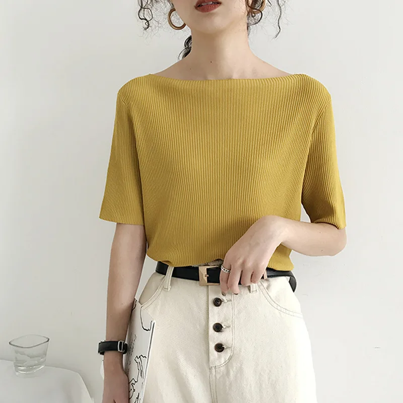 

Spring Summer Knitted Women T Shirt Free Size Half Sleeves Woman Knitwear Tshirt Fashion O-Neck Female Casual T-shirt