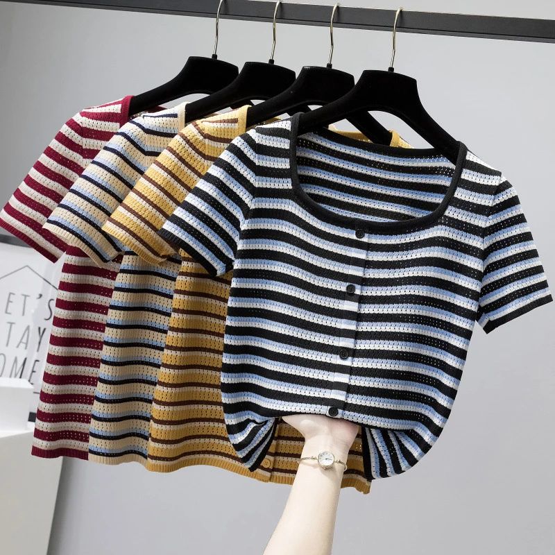 

Футболка женская в полоску, трикотажная однобортная Повседневная рубашка в стиле пэчворк, топ с квадратным вырезом