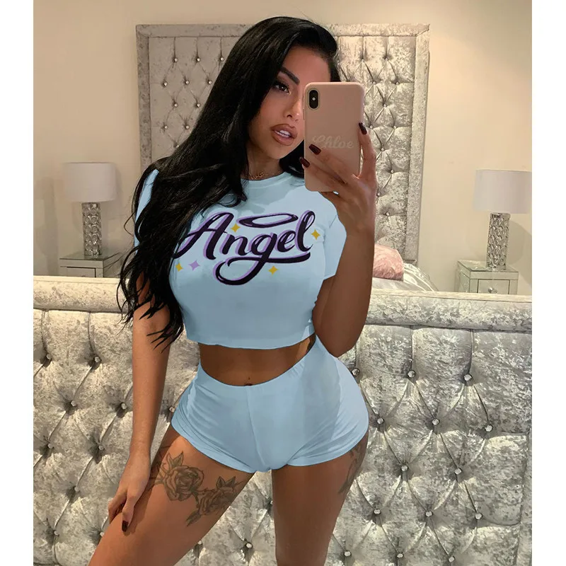 

2PCS/set Women Short Sleeve Angel Print T-shirt Crop Tops High Waist Shorts Pants Trousers Tracksuit Summer Matching Sets 2021