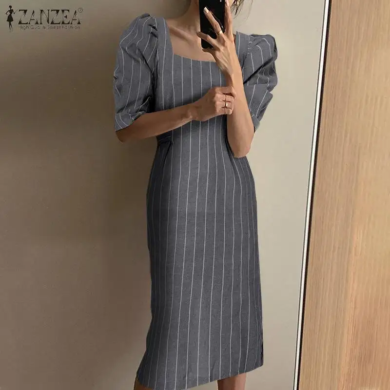 

ZANZEAE 2021 Legant Striped Dress Female Split Square Neck Robe Femme Belted Women's Summer Sundress Puff Sleeve Midi Vestidos