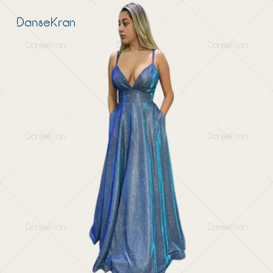 

Сексуальные блестящие вечерние платья с V-образным вырезом, Зеленые Синие блестящие платья а-силуэта с карманами для выпускного вечера, веч...